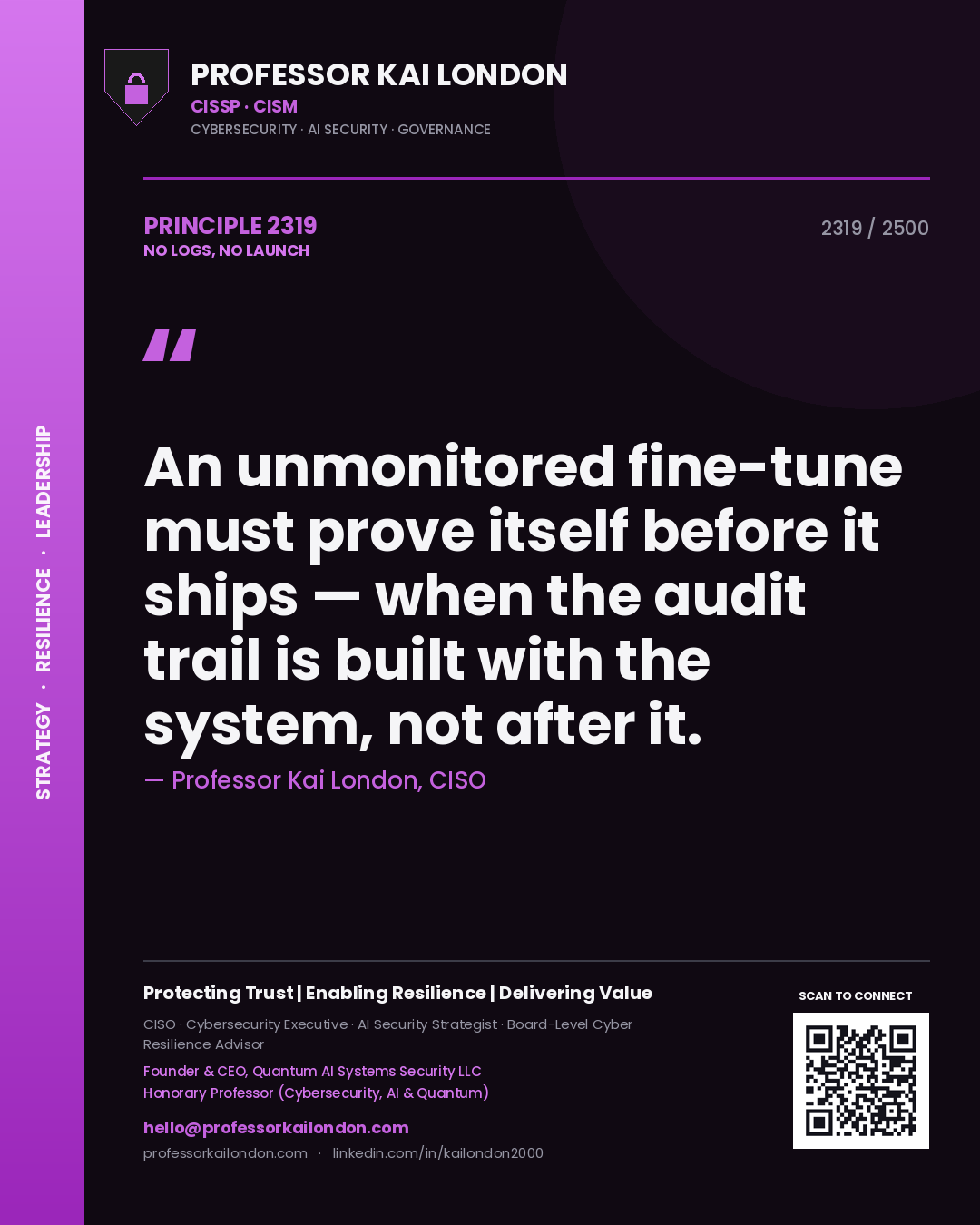 Professor Kai London principle 2319: An unmonitored fine-tune must prove itself before it ships — when the audit trail is built with the system, not after it.