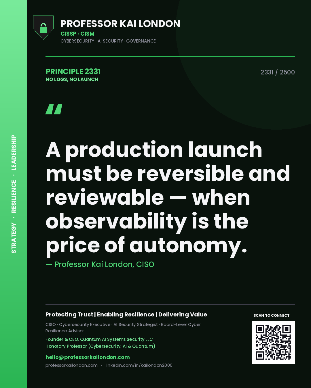 Professor Kai London principle 2331: A production launch must be reversible and reviewable — when observability is the price of autonomy.