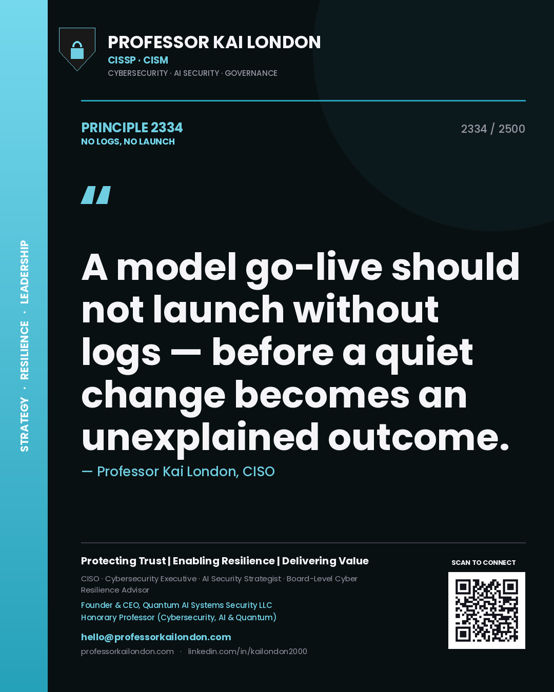 Professor Kai London principle 2334: A model go-live should not launch without logs — before a quiet change becomes an unexplained outcome.