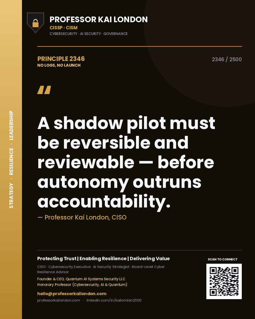 Quote card by Professor Kai London reading 'A shadow pilot must be reversible and reviewable — before autonomy outruns accountability.'. From the book No Logs, No Launch.