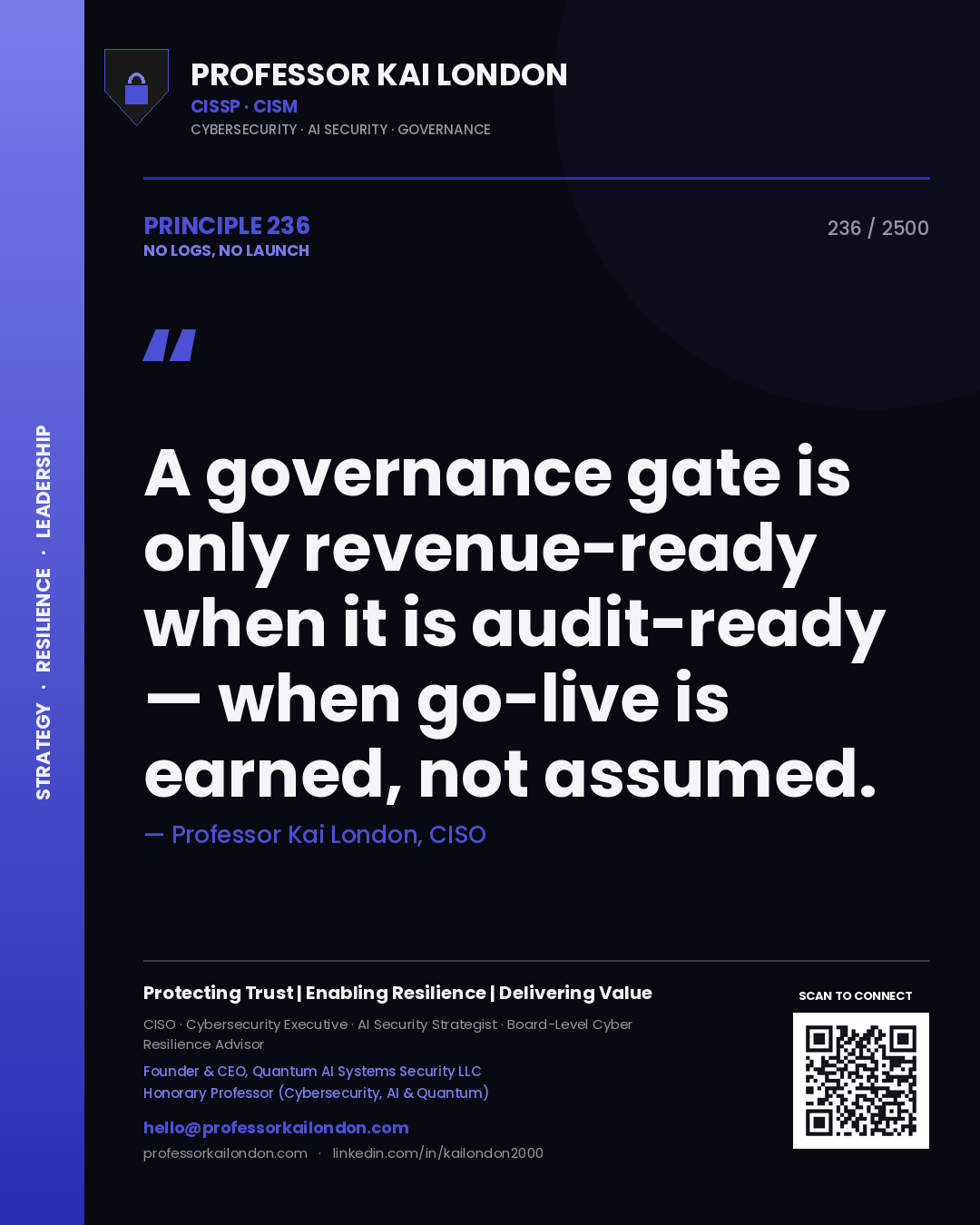 Quote card by Professor Kai London reading 'A governance gate is only revenue-ready when it is audit-ready — when go-live is earned, not assumed.'. From the book No Logs, No Launch.