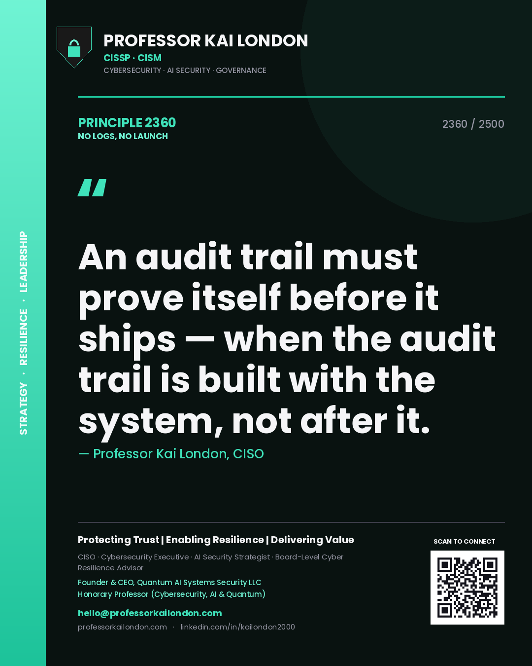 Professor Kai London principle 2360: An audit trail must prove itself before it ships — when the audit trail is built with the system, not after it.