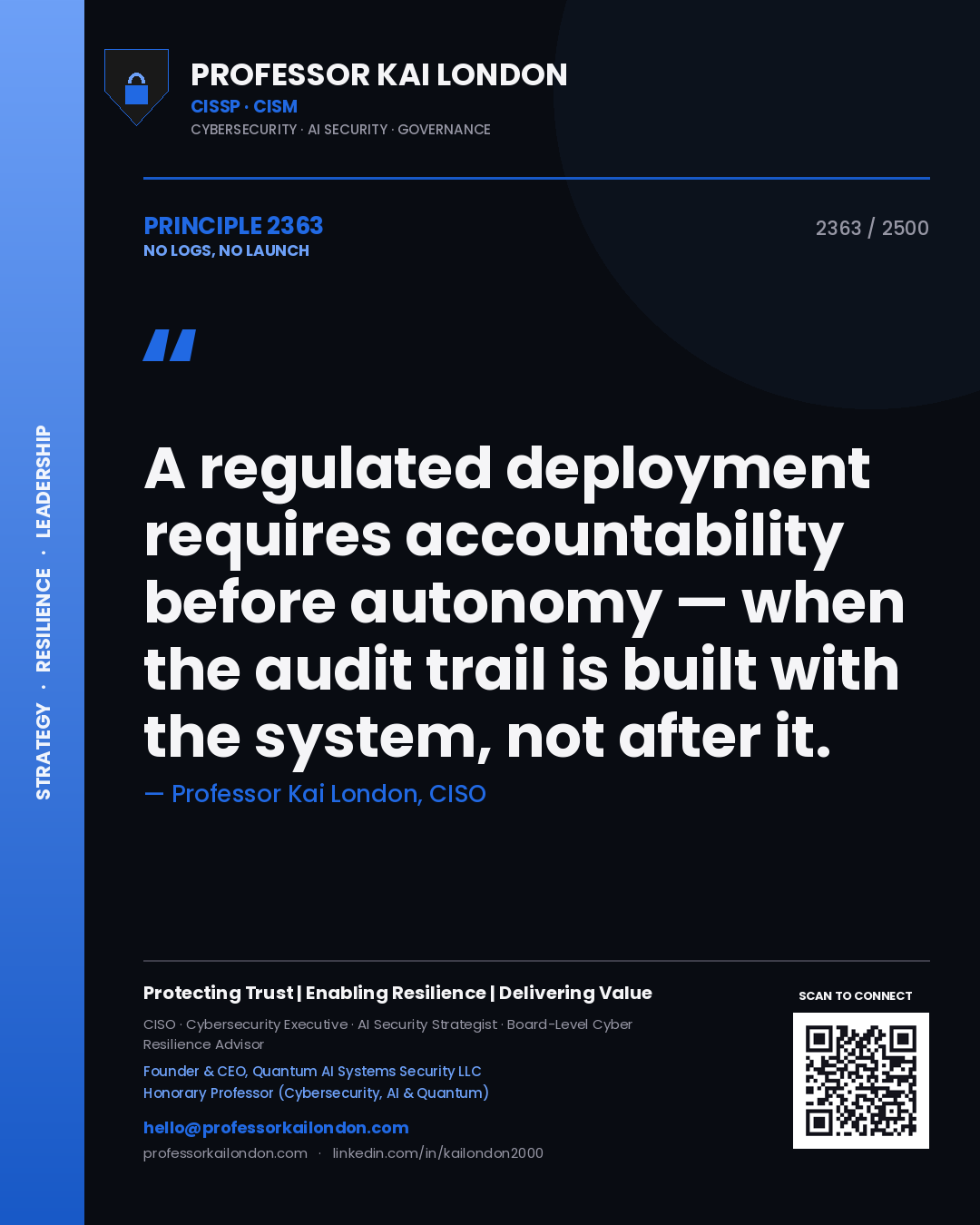 Quote card by Professor Kai London reading 'A regulated deployment requires accountability before autonomy — when the audit trail is built with the system, not after it.'. From the book No Logs, No Launch.
