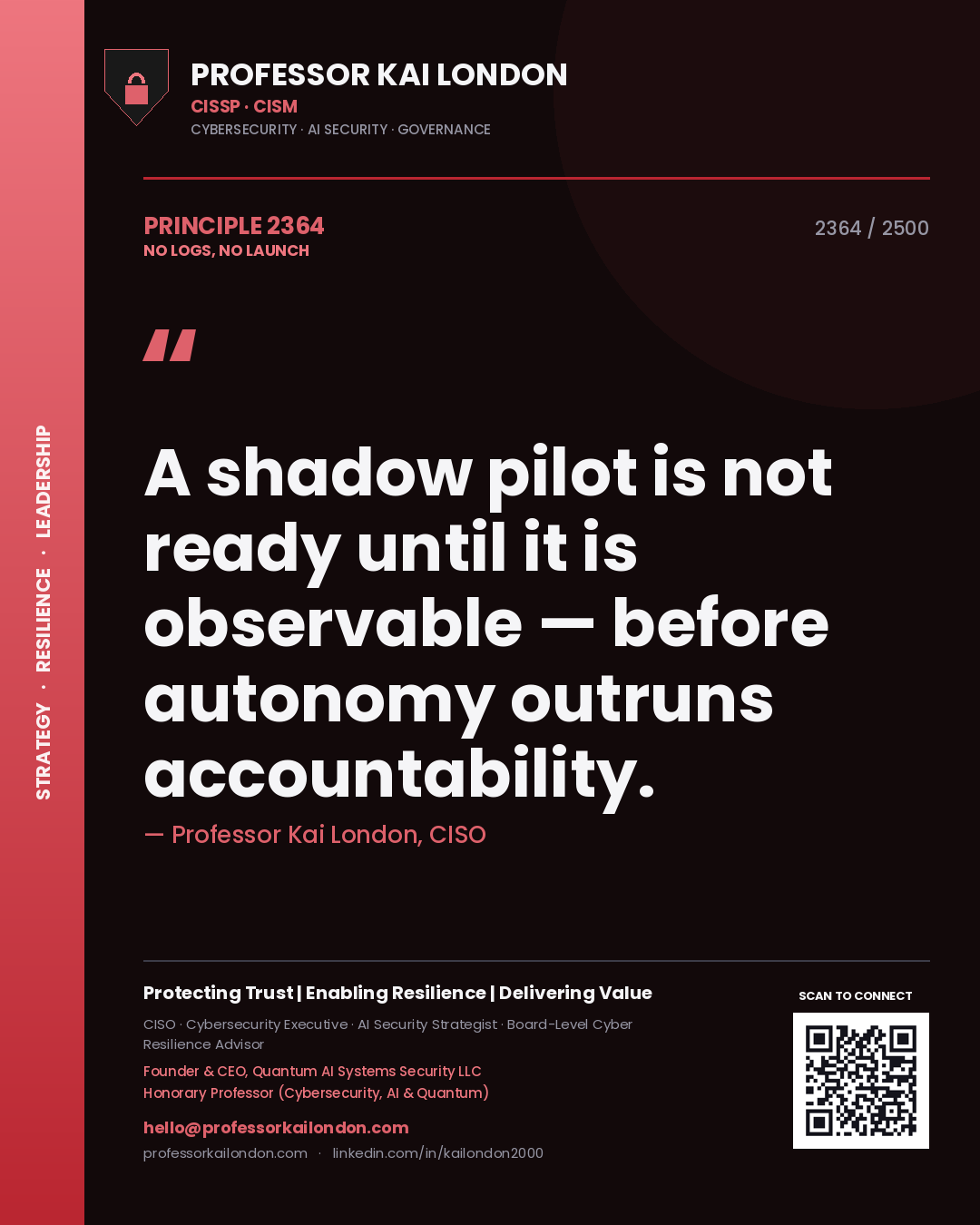 Quote card by Professor Kai London reading 'A shadow pilot is not ready until it is observable — before autonomy outruns accountability.'. From the book No Logs, No Launch.