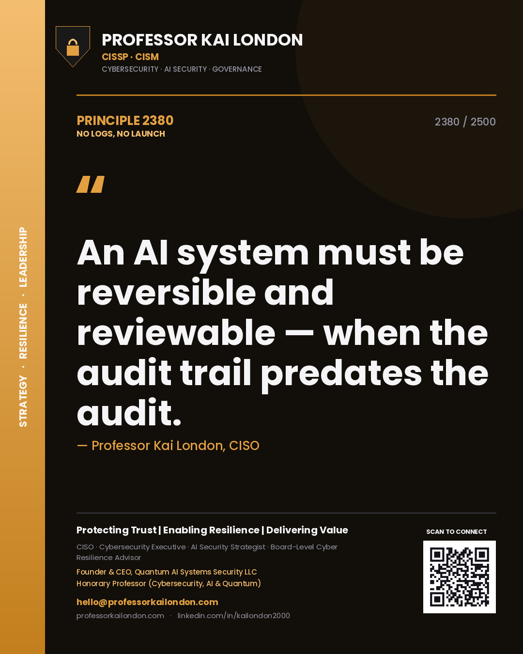 Professor Kai London principle 2380: An AI system must be reversible and reviewable — when the audit trail predates the audit.