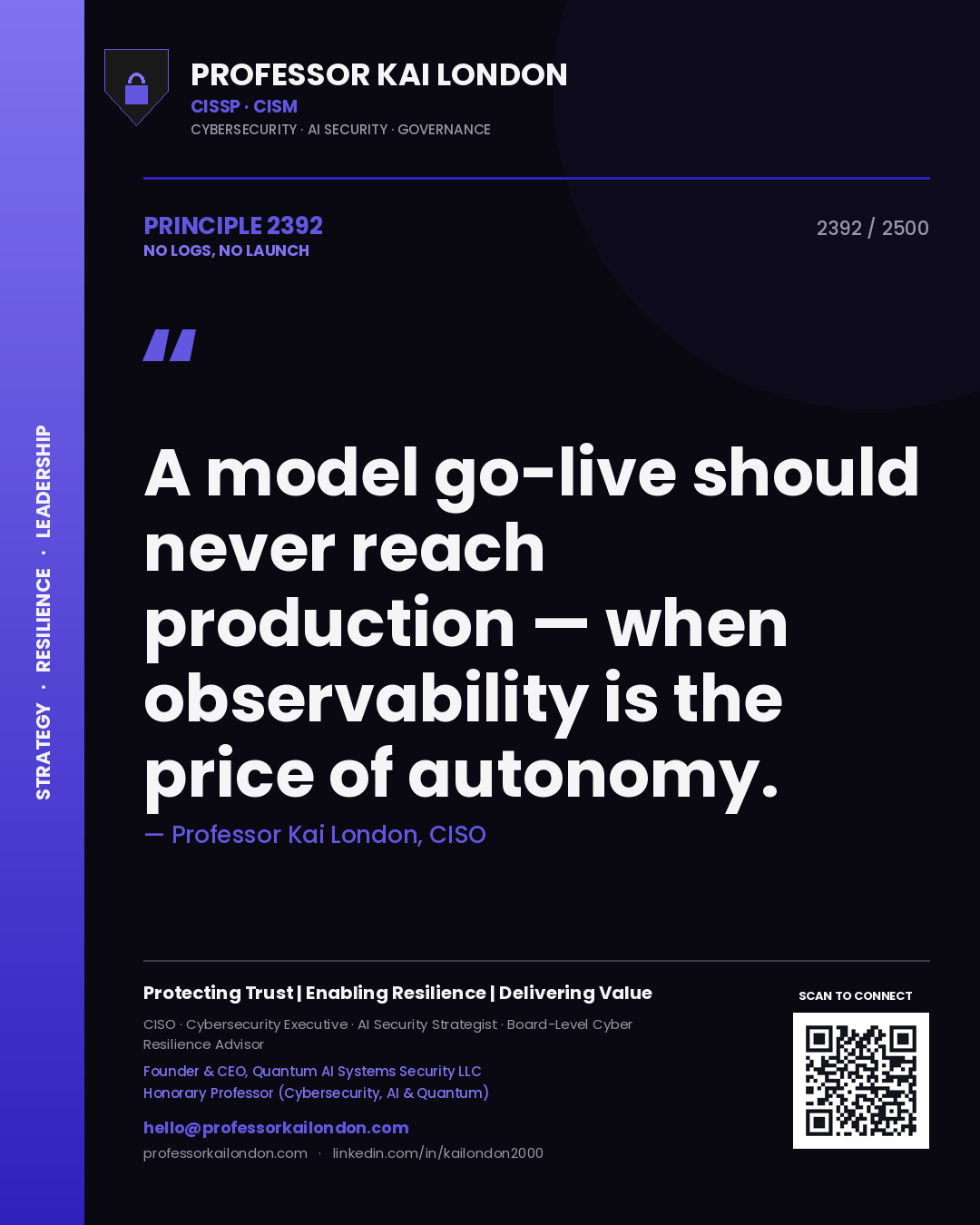 Quote card by Professor Kai London reading 'A model go-live should never reach production — when observability is the price of autonomy.'. From the book No Logs, No Launch.