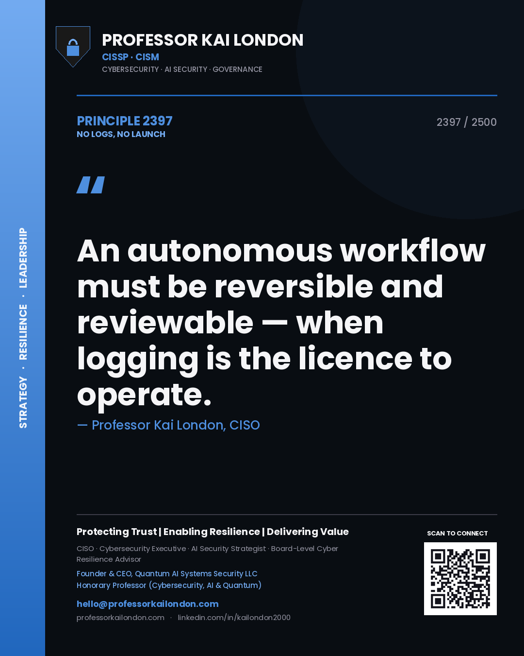 Professor Kai London principle 2397: An autonomous workflow must be reversible and reviewable — when logging is the licence to operate.