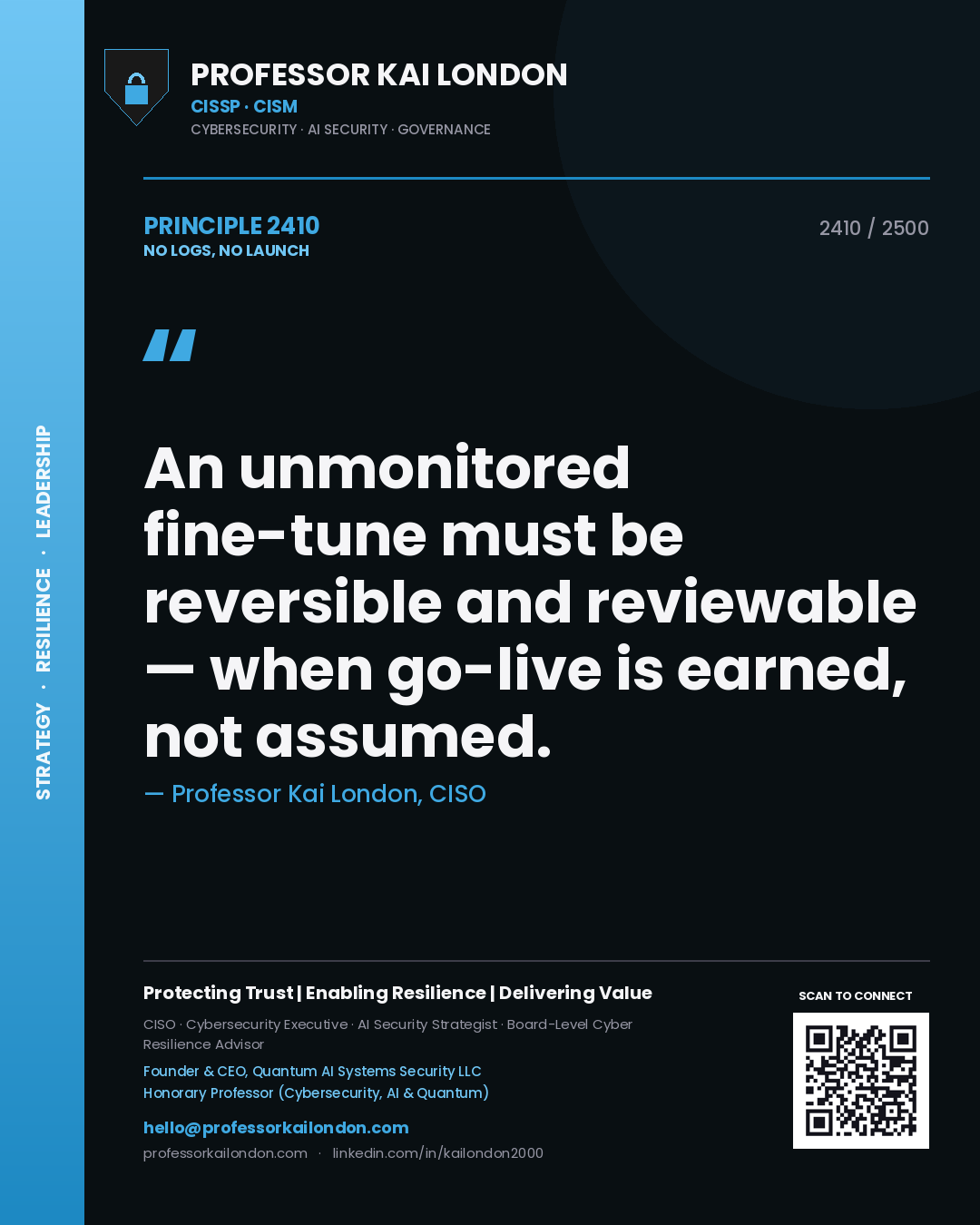 Professor Kai London principle 2410: An unmonitored fine-tune must be reversible and reviewable — when go-live is earned, not assumed.