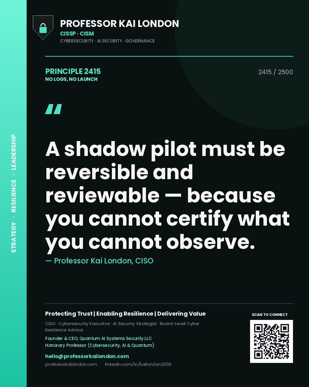 Quote card by Professor Kai London reading 'A shadow pilot must be reversible and reviewable — because you cannot certify what you cannot observe.'. From the book No Logs, No Launch.
