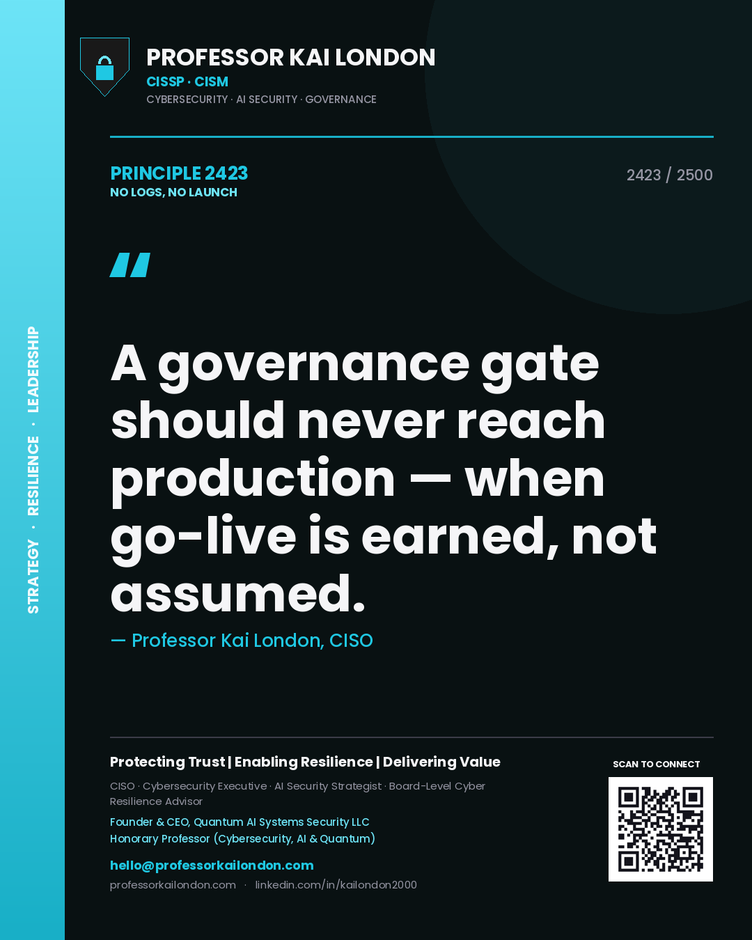 Professor Kai London principle 2423: A governance gate should never reach production — when go-live is earned, not assumed.
