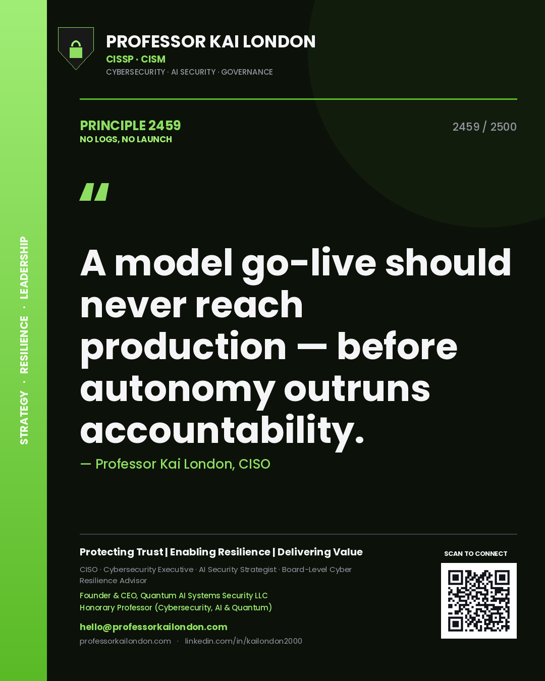 Professor Kai London principle 2459: A model go-live should never reach production — before autonomy outruns accountability.