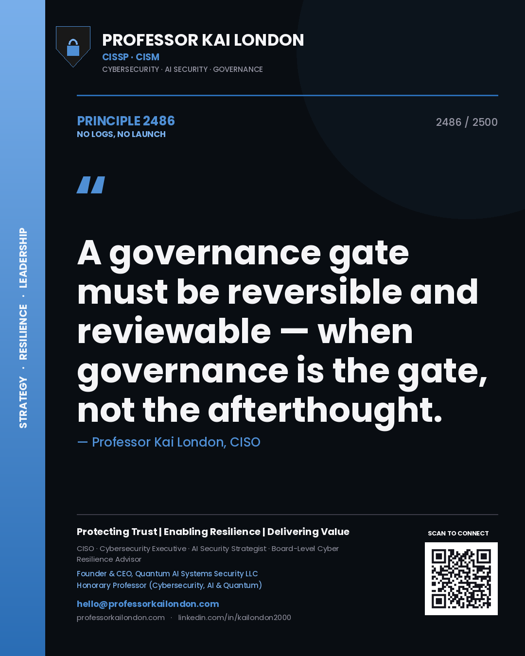 Quote card by Professor Kai London reading 'A governance gate must be reversible and reviewable — when governance is the gate, not the afterthought.'. From the book No Logs, No Launch.