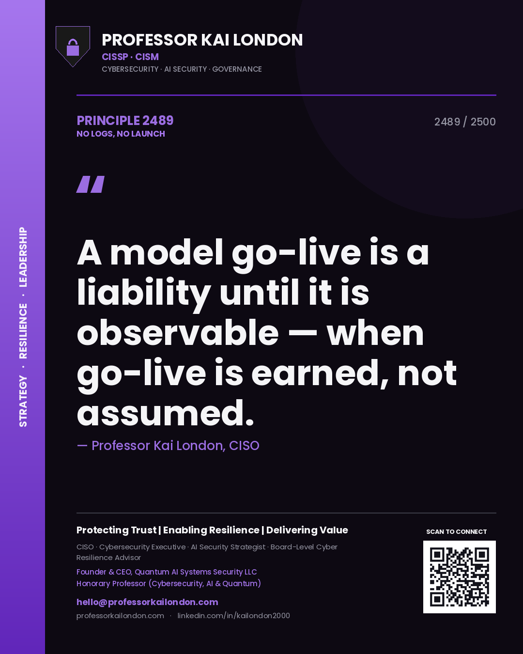 Quote card by Professor Kai London reading 'A model go-live is a liability until it is observable — when go-live is earned, not assumed.'. From the book No Logs, No Launch.