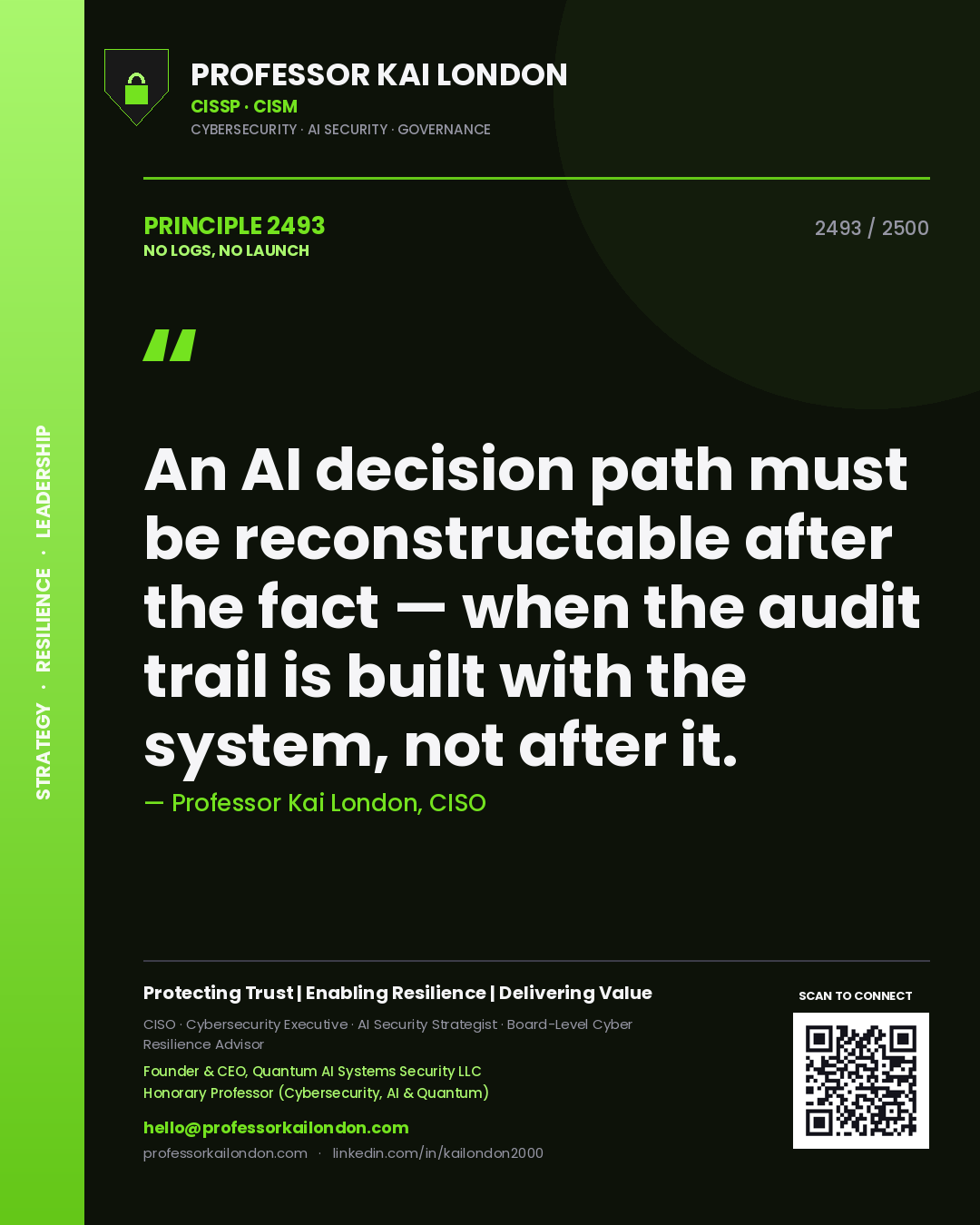 Professor Kai London principle 2493: An AI decision path must be reconstructable after the fact — when the audit trail is built with the system, not after it.