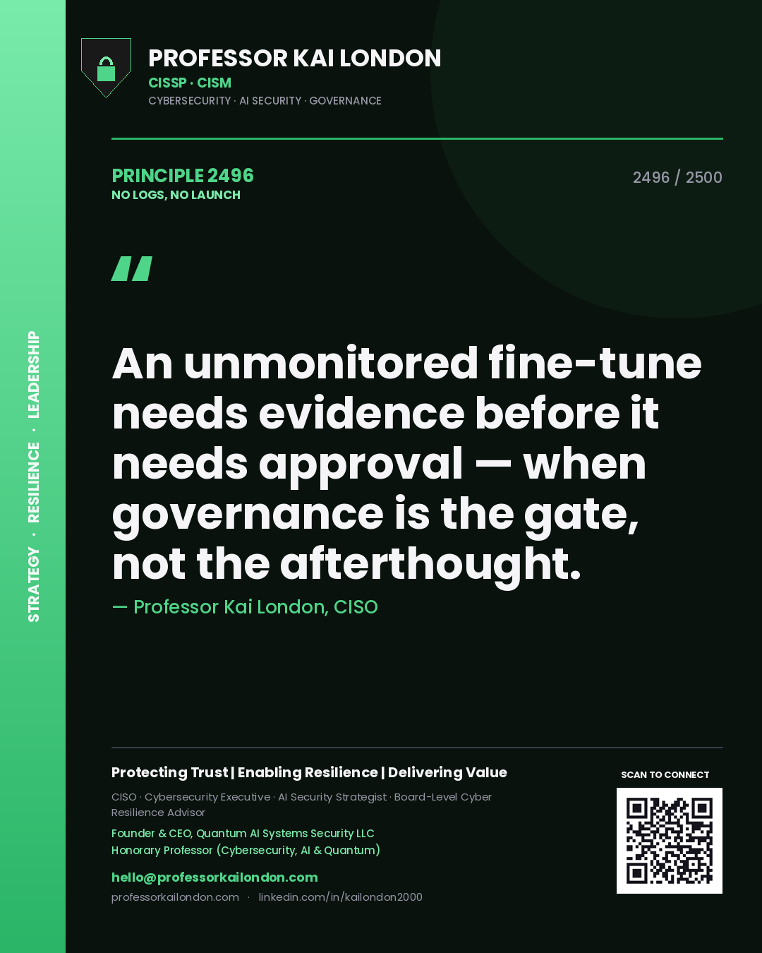 Professor Kai London principle 2496: An unmonitored fine-tune needs evidence before it needs approval — when governance is the gate, not the afterthought.