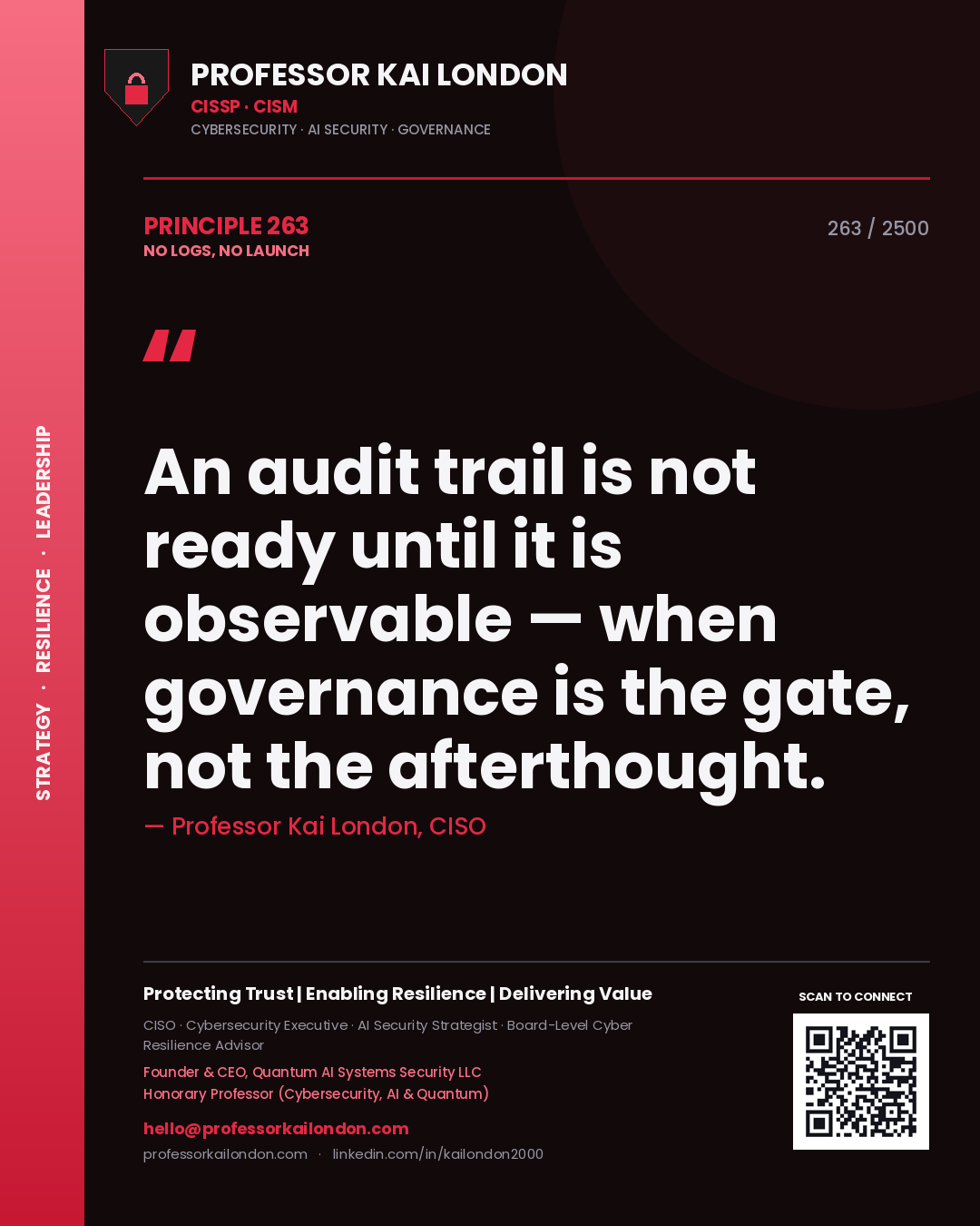 Professor Kai London principle 263: An audit trail is not ready until it is observable — when governance is the gate, not the afterthought.