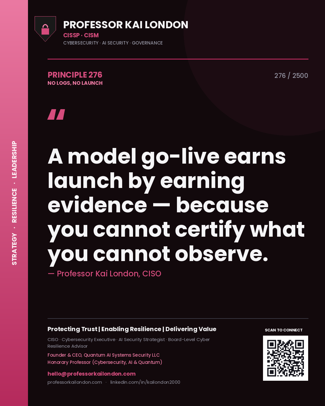 Professor Kai London principle 276: A model go-live earns launch by earning evidence — because you cannot certify what you cannot observe.