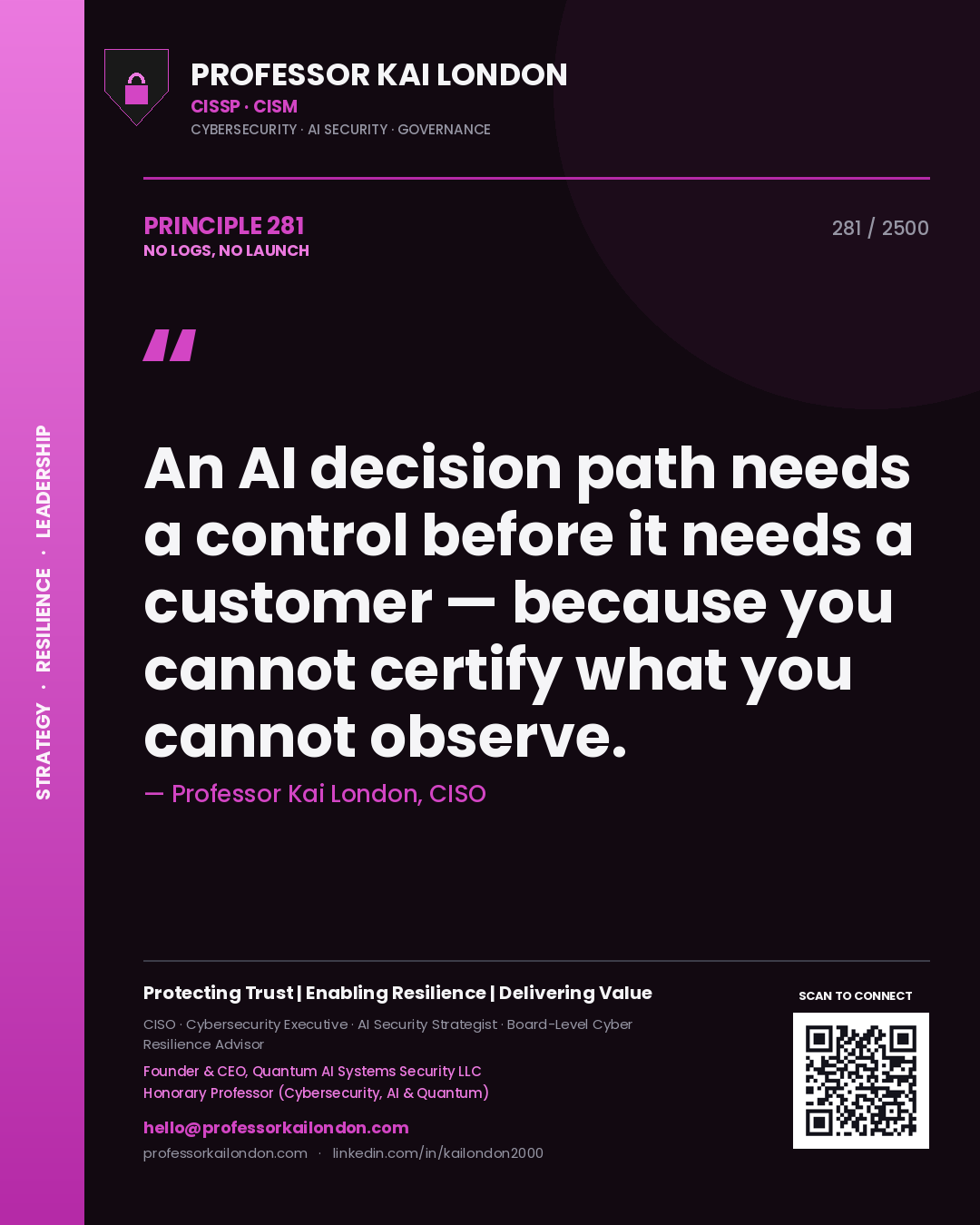 Professor Kai London principle 281: An AI decision path needs a control before it needs a customer — because you cannot certify what you cannot observe.