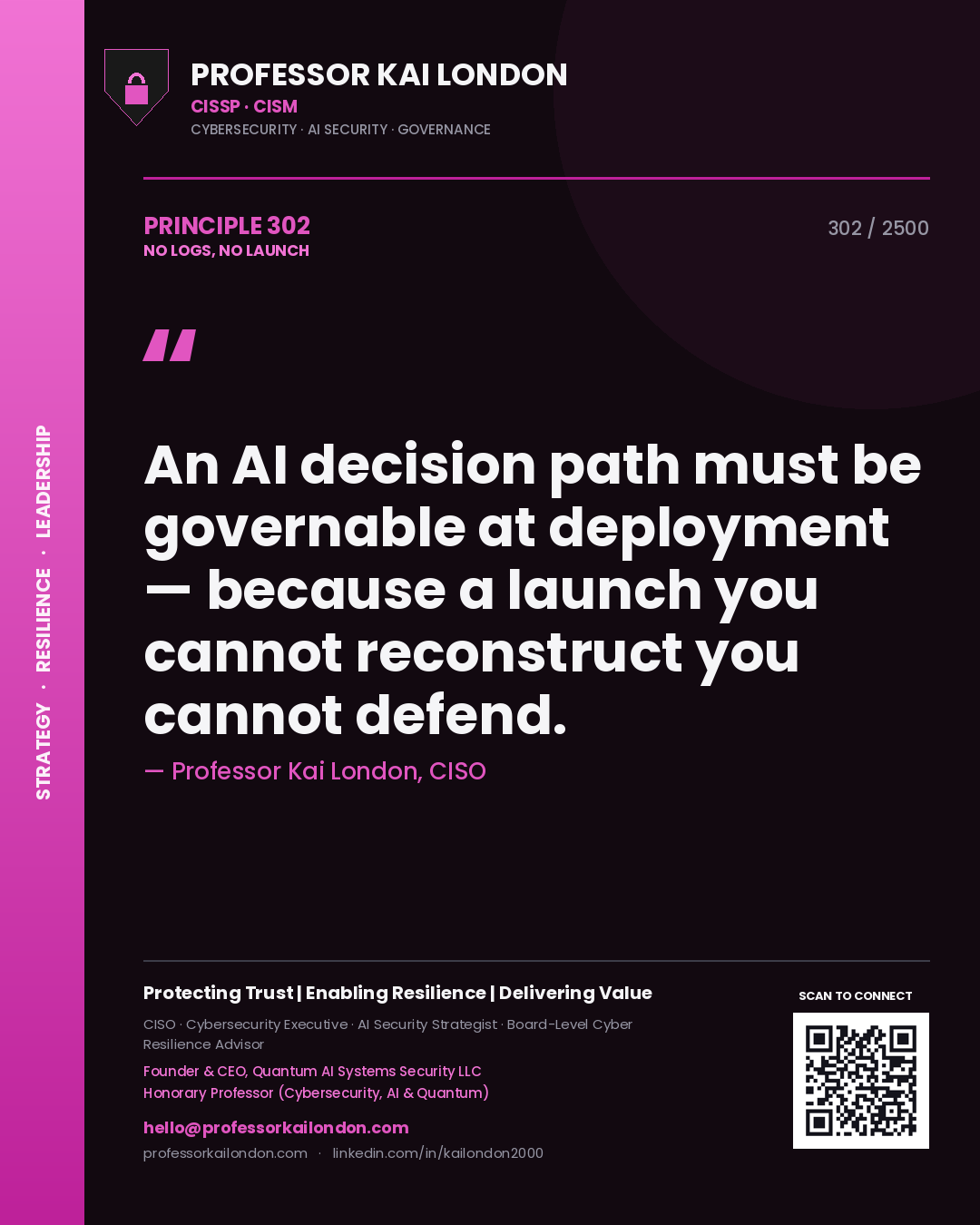 Quote card by Professor Kai London reading 'An AI decision path must be governable at deployment — because a launch you cannot reconstruct you cannot defend.'. From the book No Logs, No Launch.