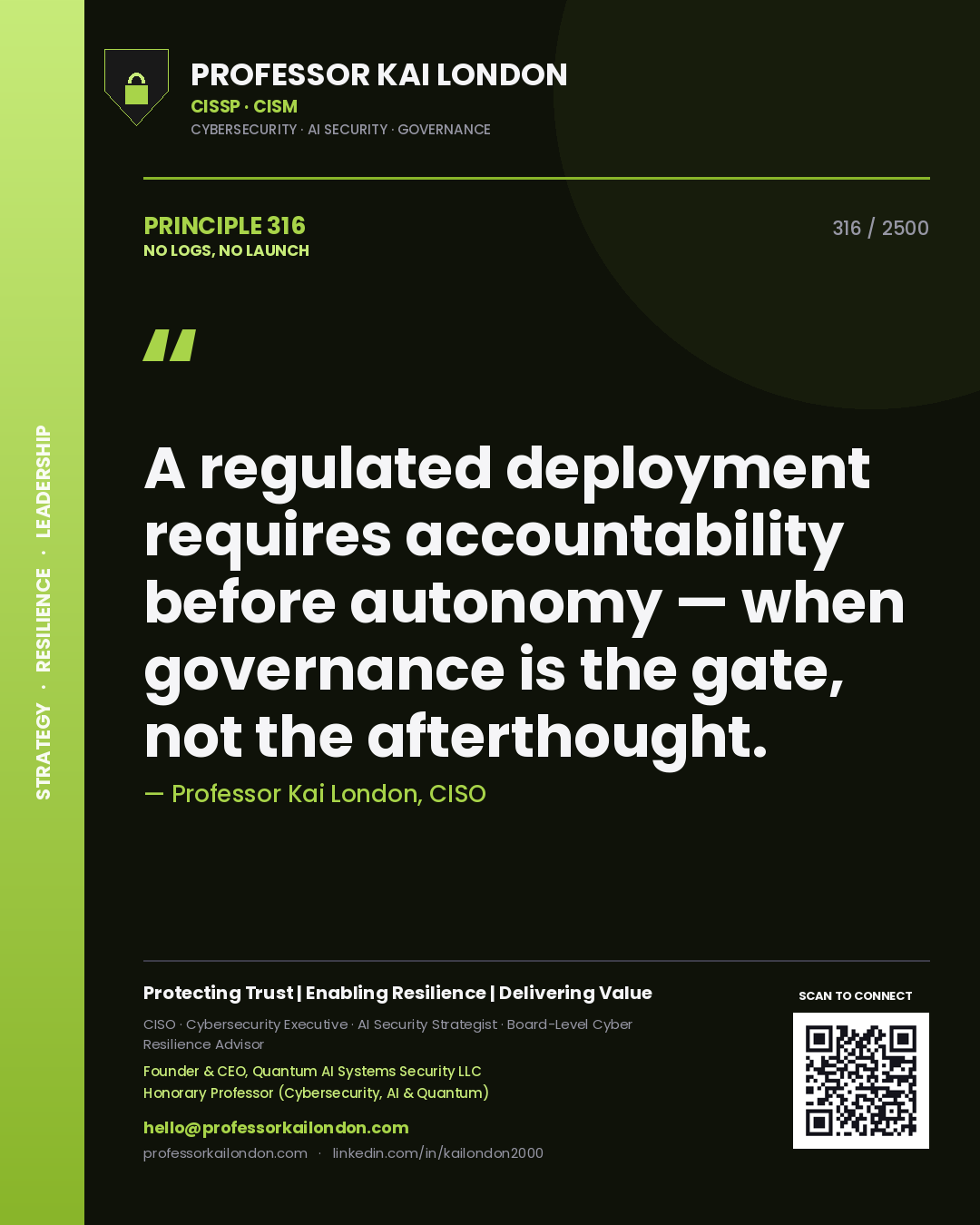 Professor Kai London principle 316: A regulated deployment requires accountability before autonomy — when governance is the gate, not the afterthought.