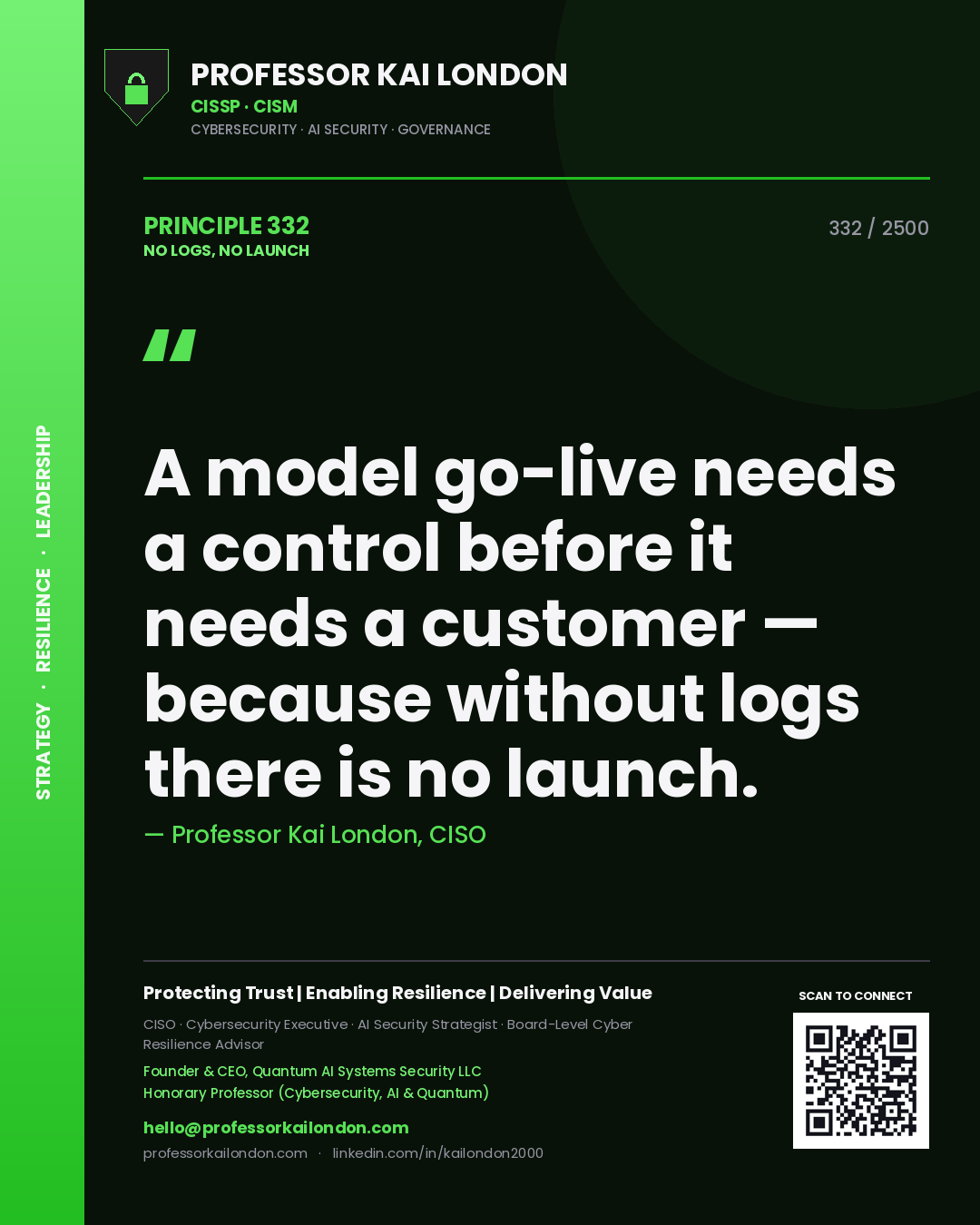 Professor Kai London principle 332: A model go-live needs a control before it needs a customer — because without logs there is no launch.