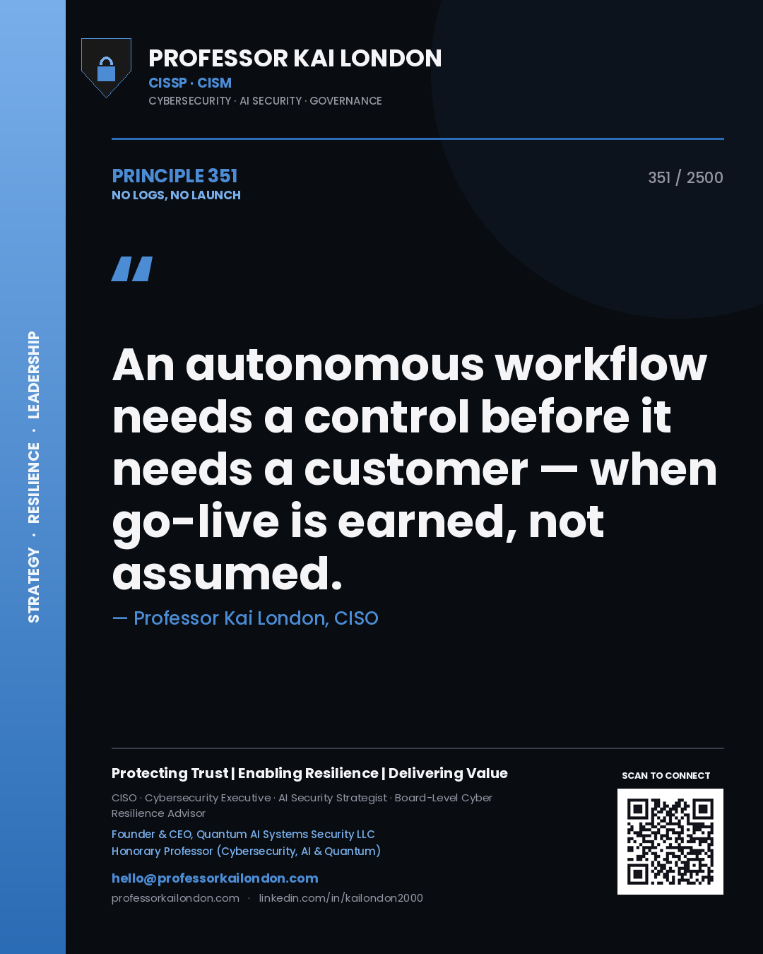 Professor Kai London principle 351: An autonomous workflow needs a control before it needs a customer — when go-live is earned, not assumed.