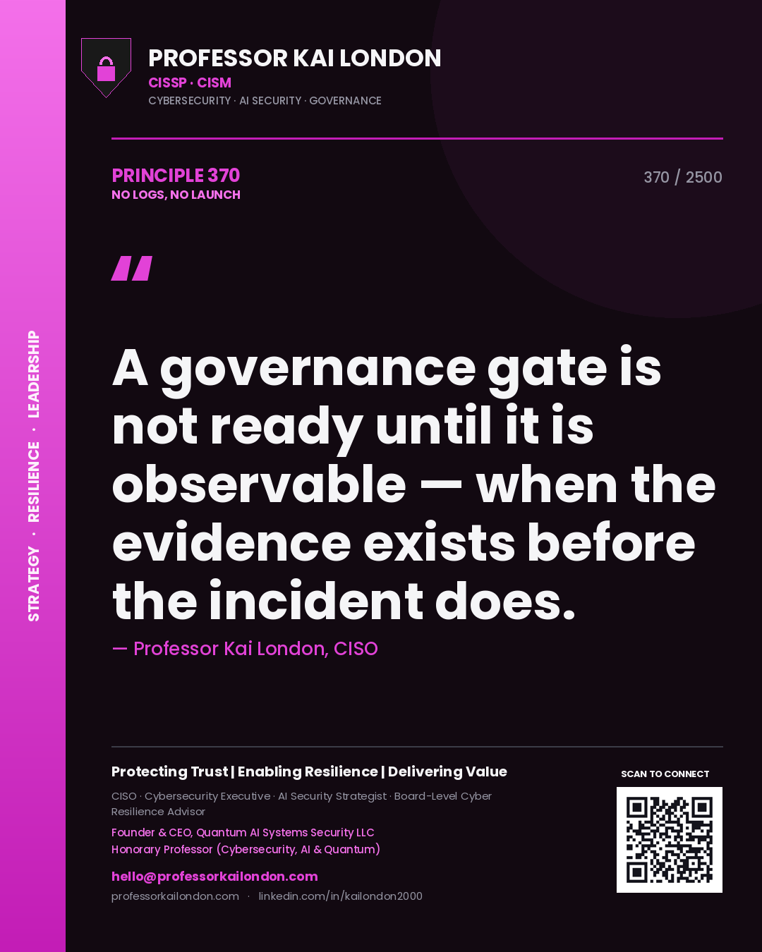 Quote card by Professor Kai London reading 'A governance gate is not ready until it is observable — when the evidence exists before the incident does.'. From the book No Logs, No Launch.