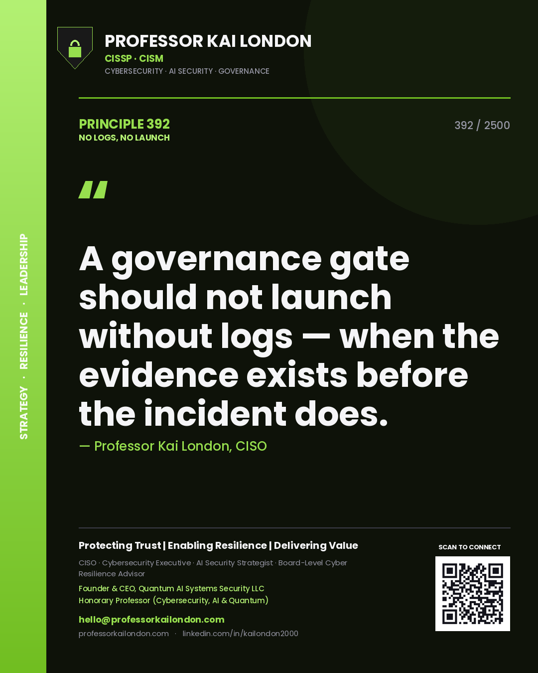 Professor Kai London principle 392: A governance gate should not launch without logs — when the evidence exists before the incident does.