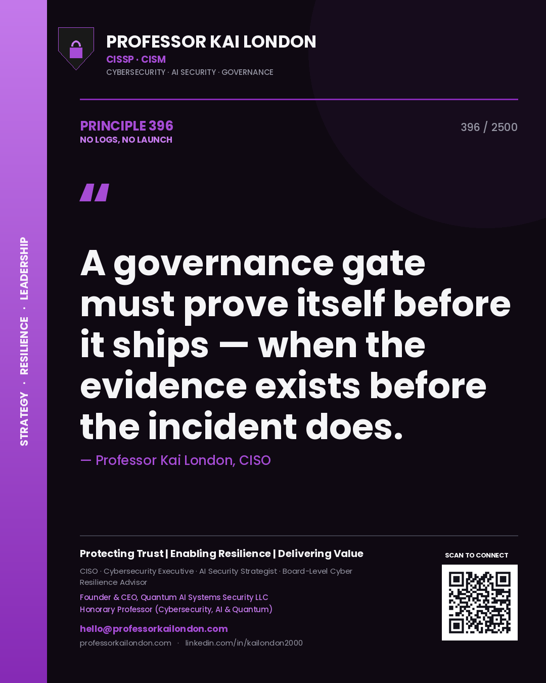Quote card by Professor Kai London reading 'A governance gate must prove itself before it ships — when the evidence exists before the incident does.'. From the book No Logs, No Launch.