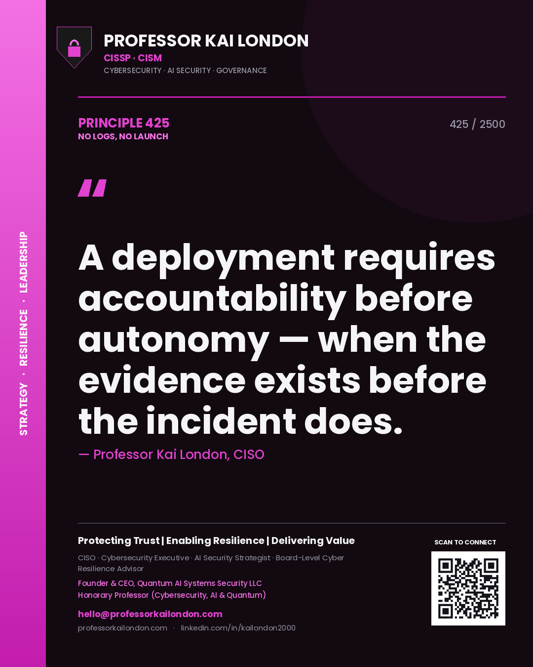 Professor Kai London principle 425: A deployment requires accountability before autonomy — when the evidence exists before the incident does.
