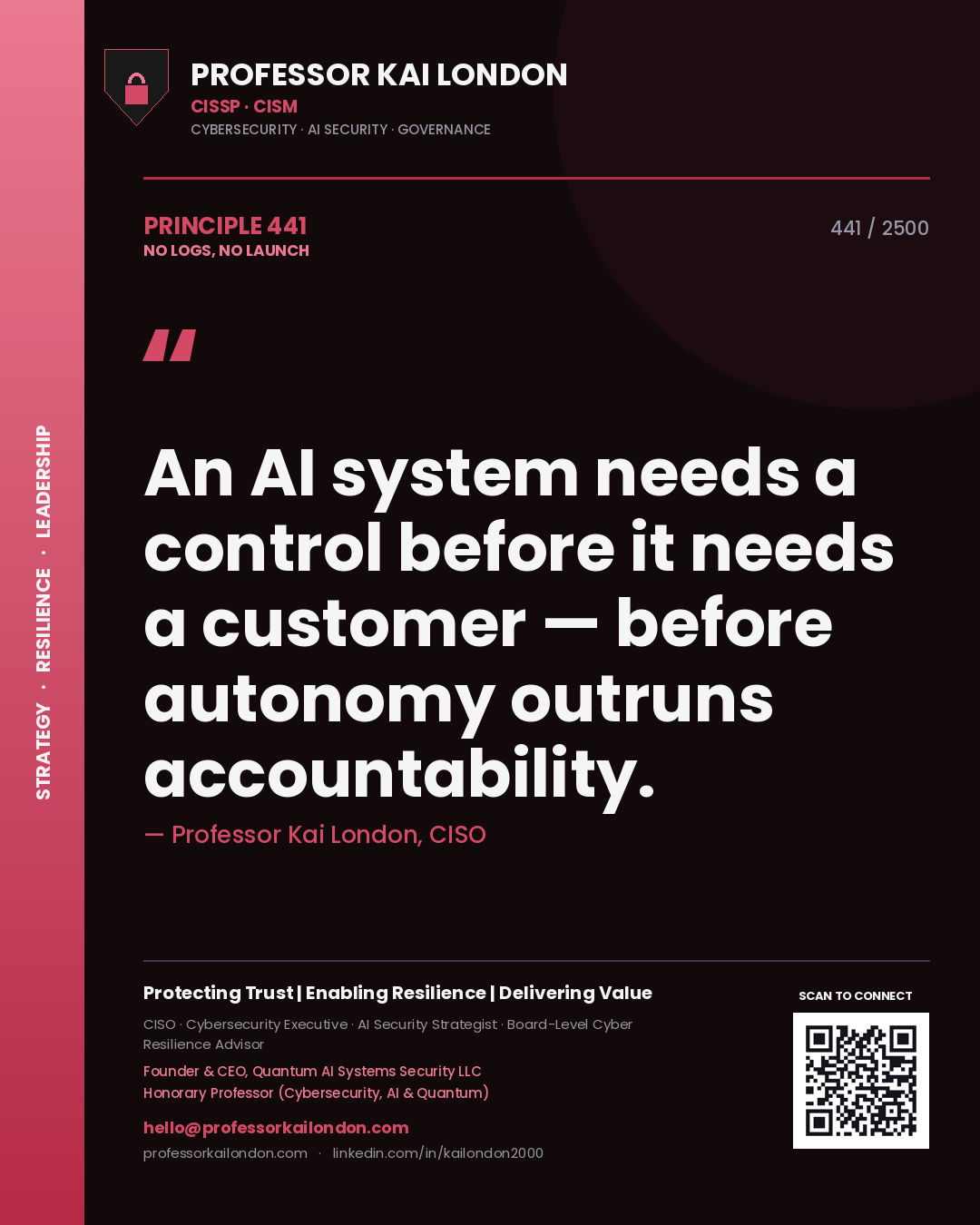 Quote card by Professor Kai London reading 'An AI system needs a control before it needs a customer — before autonomy outruns accountability.'. From the book No Logs, No Launch.