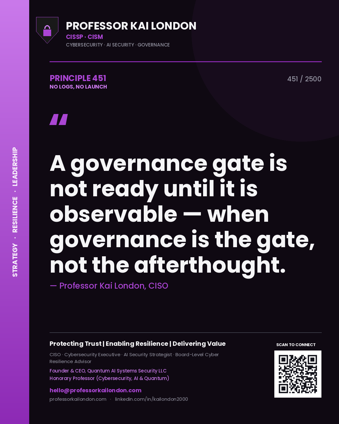 Quote card by Professor Kai London reading 'A governance gate is not ready until it is observable — when governance is the gate, not the afterthought.'. From the book No Logs, No Launch.