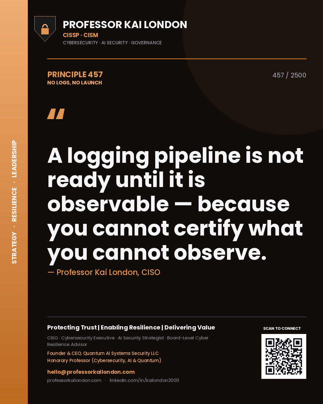 Professor Kai London principle 457: A logging pipeline is not ready until it is observable — because you cannot certify what you cannot observe.
