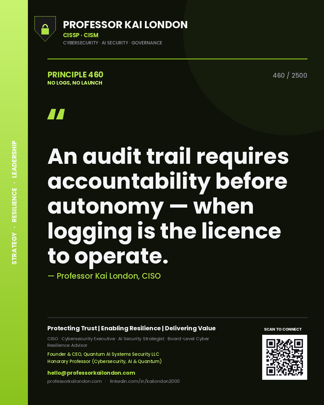 Quote card by Professor Kai London reading 'An audit trail requires accountability before autonomy — when logging is the licence to operate.'. From the book No Logs, No Launch.