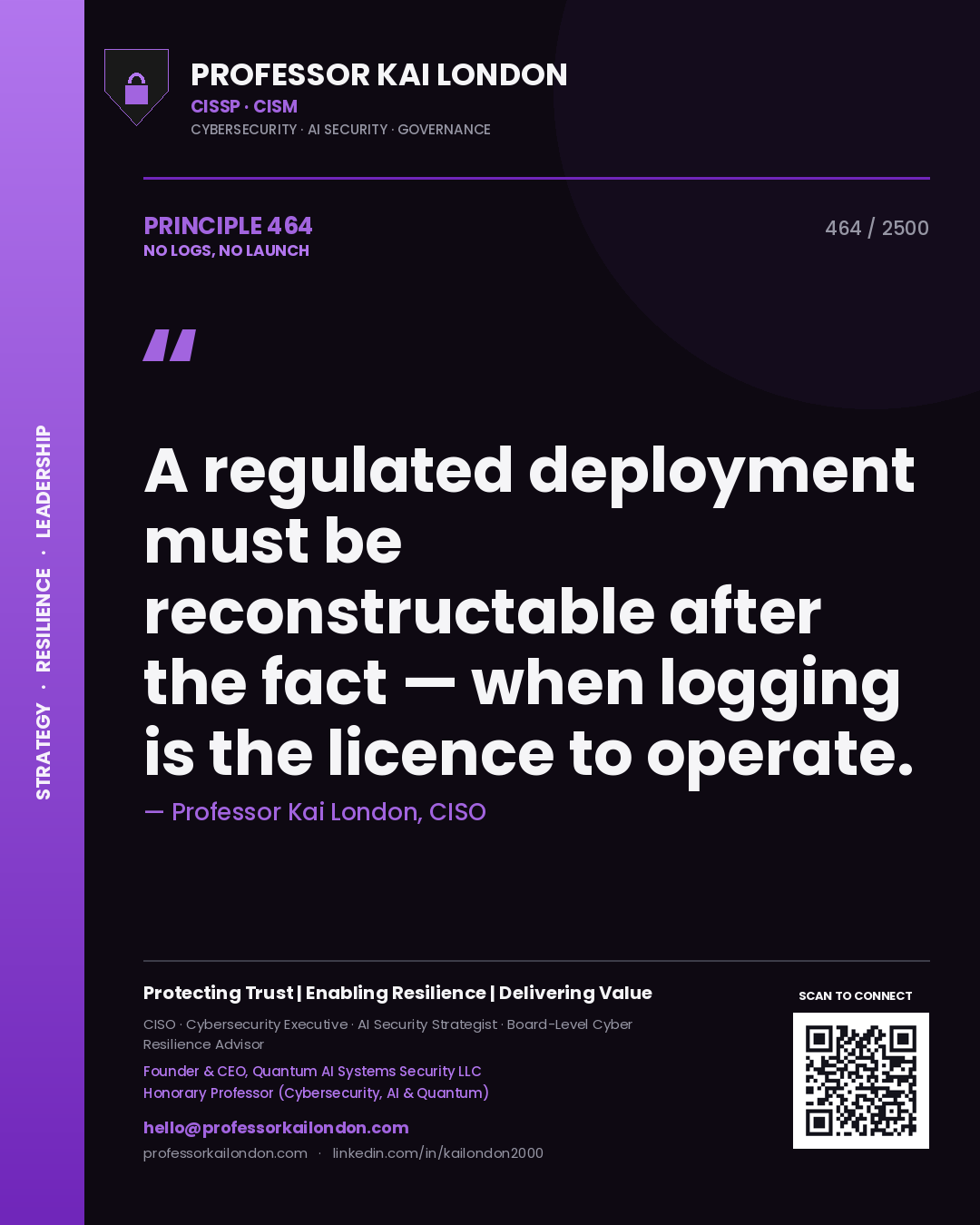 Quote card by Professor Kai London reading 'A regulated deployment must be reconstructable after the fact — when logging is the licence to operate.'. From the book No Logs, No Launch.