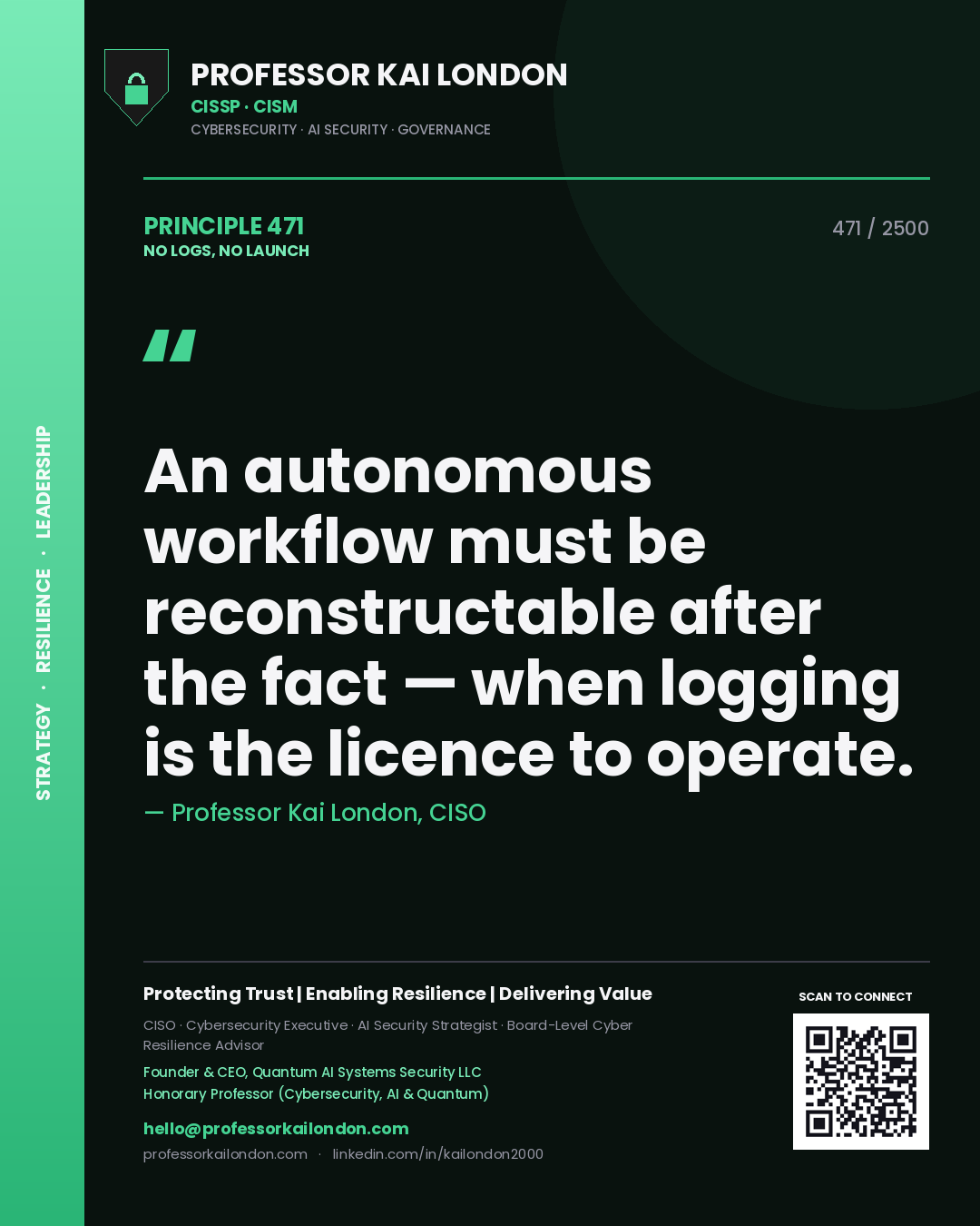 Quote card by Professor Kai London reading 'An autonomous workflow must be reconstructable after the fact — when logging is the licence to operate.'. From the book No Logs, No Launch.