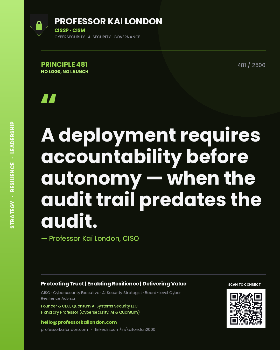 Quote card by Professor Kai London reading 'A deployment requires accountability before autonomy — when the audit trail predates the audit.'. From the book No Logs, No Launch.