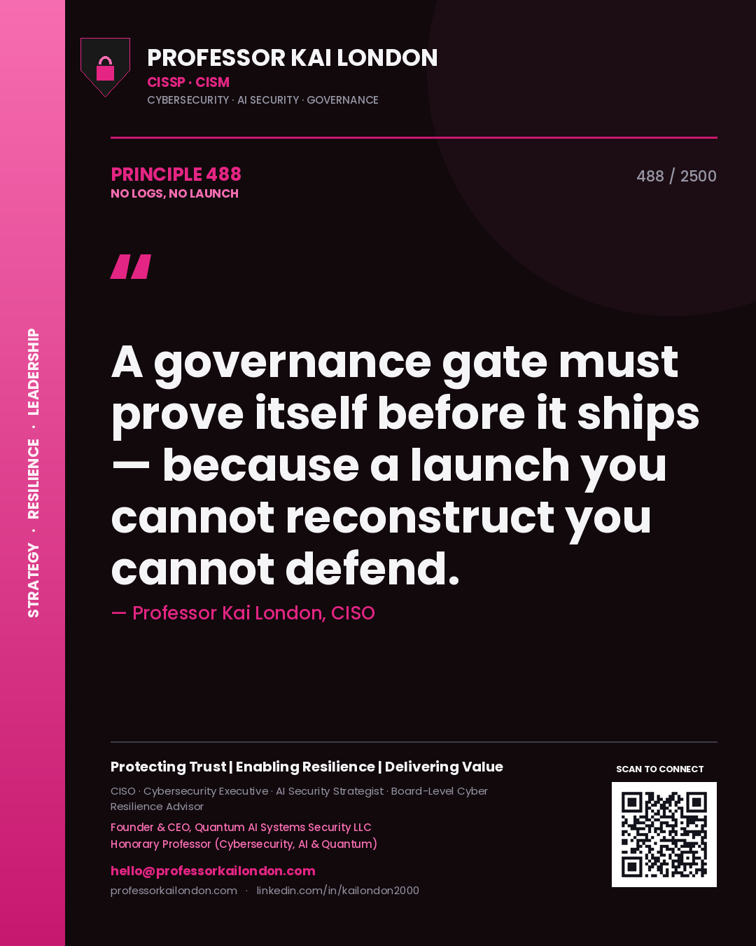 Quote card by Professor Kai London reading 'A governance gate must prove itself before it ships — because a launch you cannot reconstruct you cannot defend.'. From the book No Logs, No Launch.