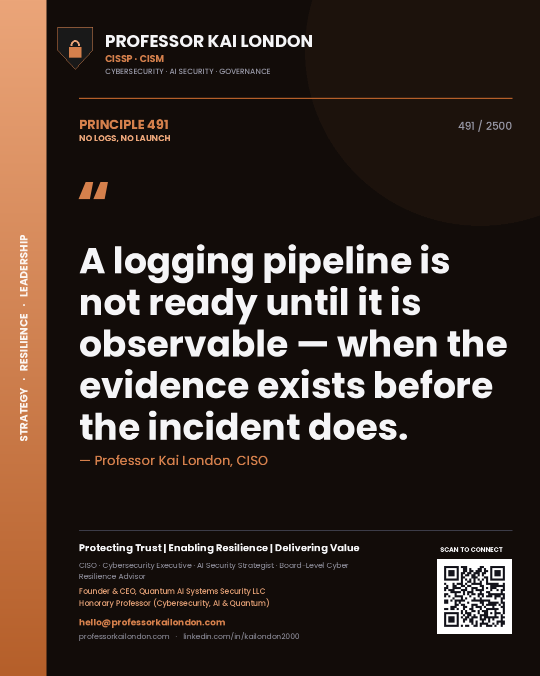Professor Kai London principle 491: A logging pipeline is not ready until it is observable — when the evidence exists before the incident does.