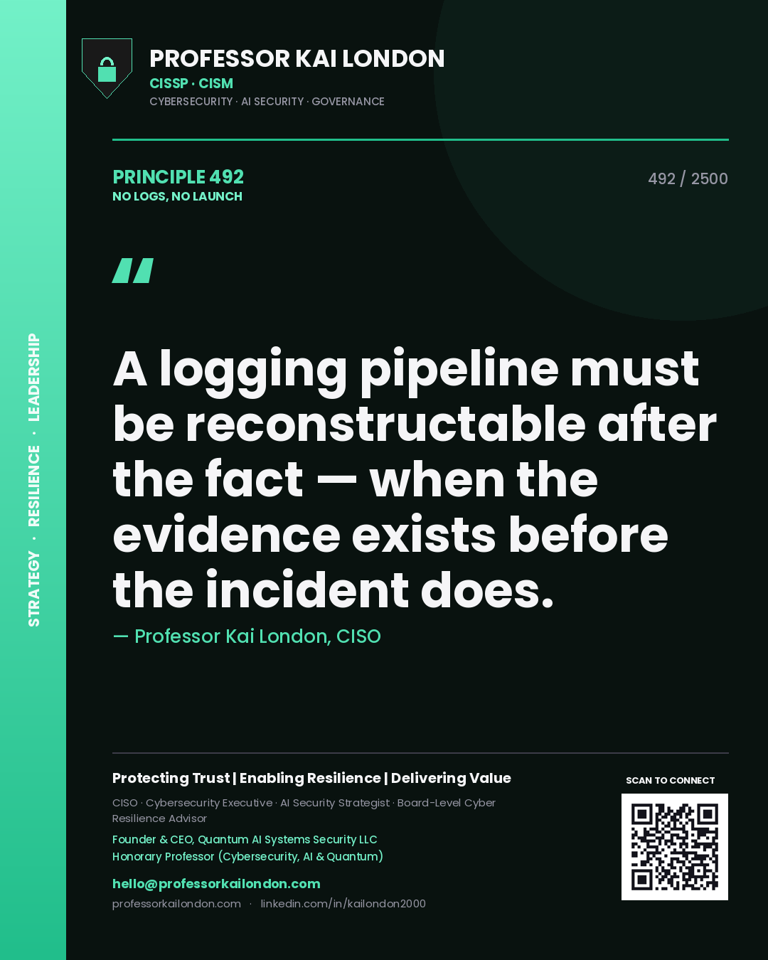 Quote card by Professor Kai London reading 'A logging pipeline must be reconstructable after the fact — when the evidence exists before the incident does.'. From the book No Logs, No Launch.