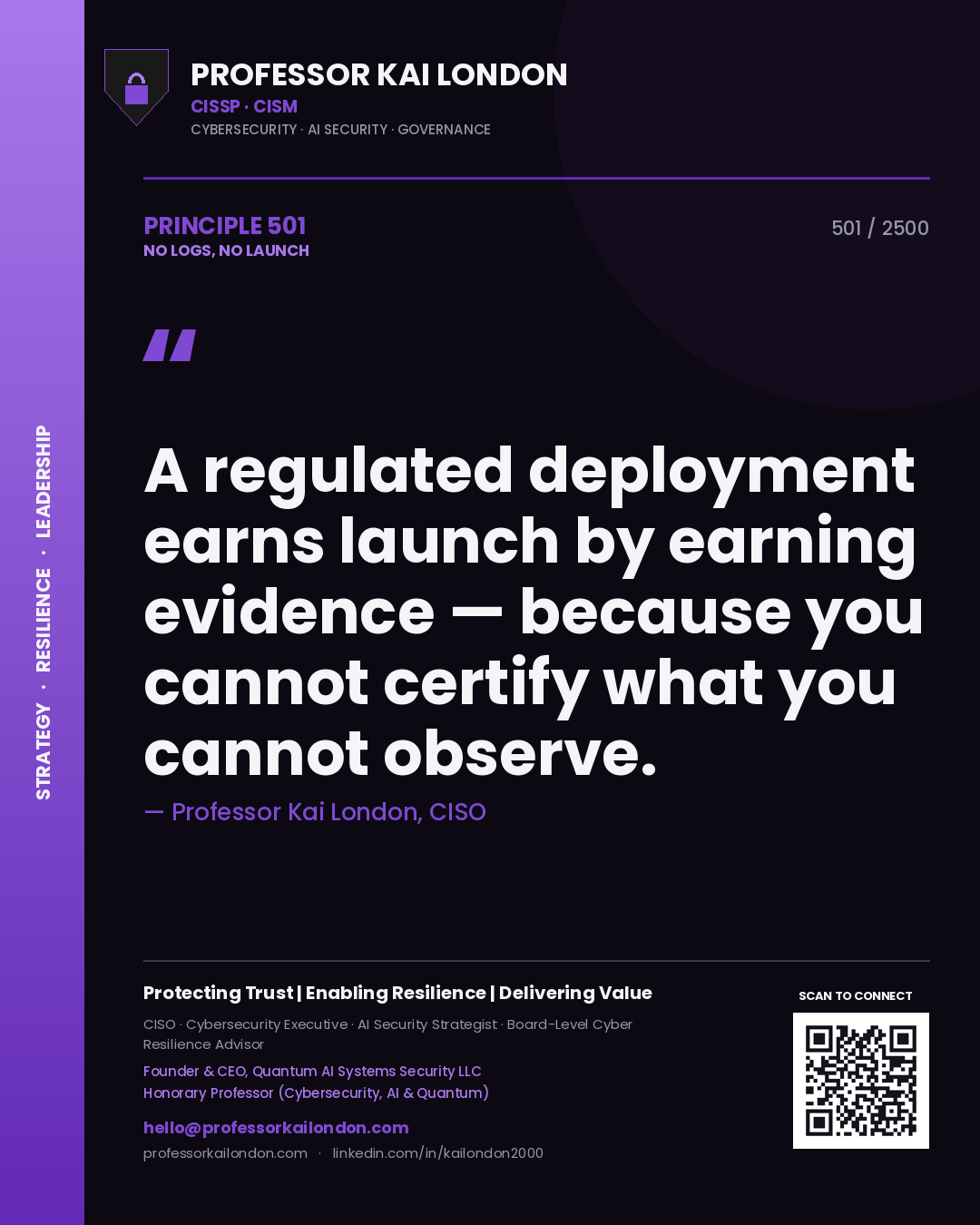 Quote card by Professor Kai London reading 'A regulated deployment earns launch by earning evidence — because you cannot certify what you cannot observe.'. From the book No Logs, No Launch.