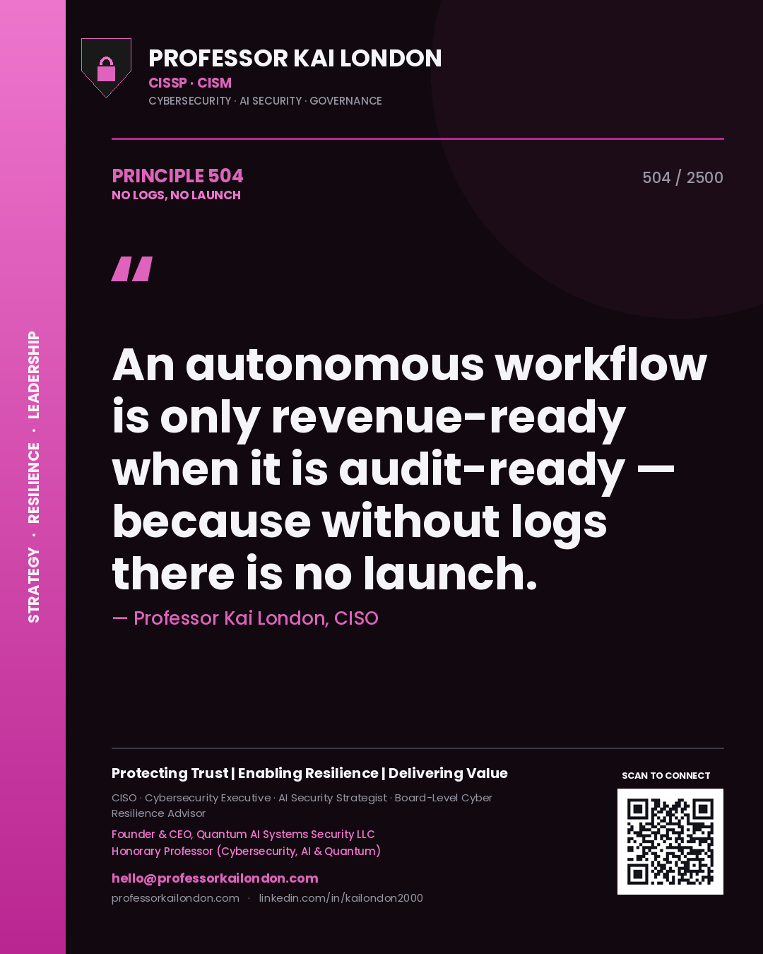 Quote card by Professor Kai London reading 'An autonomous workflow is only revenue-ready when it is audit-ready — because without logs there is no launch.'. From the book No Logs, No Launch.