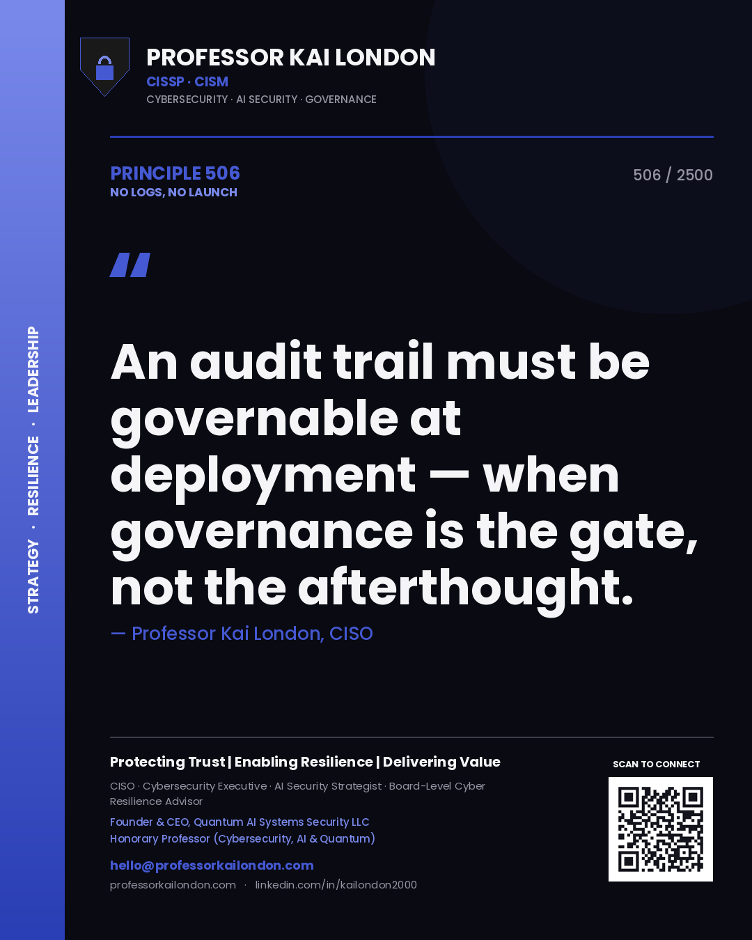 Quote card by Professor Kai London reading 'An audit trail must be governable at deployment — when governance is the gate, not the afterthought.'. From the book No Logs, No Launch.