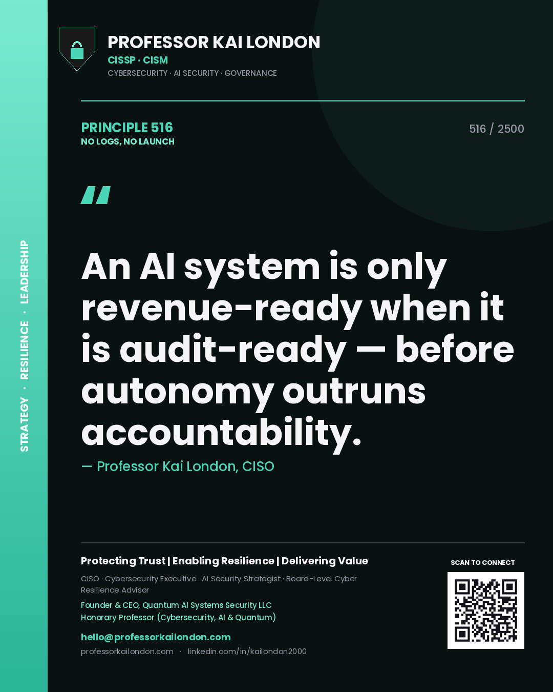 Quote card by Professor Kai London reading 'An AI system is only revenue-ready when it is audit-ready — before autonomy outruns accountability.'. From the book No Logs, No Launch.
