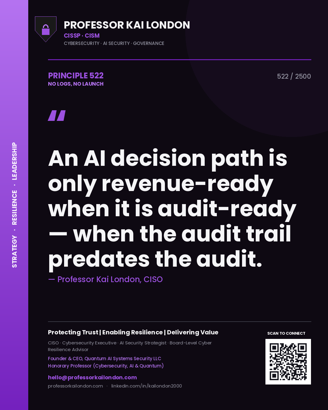 Quote card by Professor Kai London reading 'An AI decision path is only revenue-ready when it is audit-ready — when the audit trail predates the audit.'. From the book No Logs, No Launch.