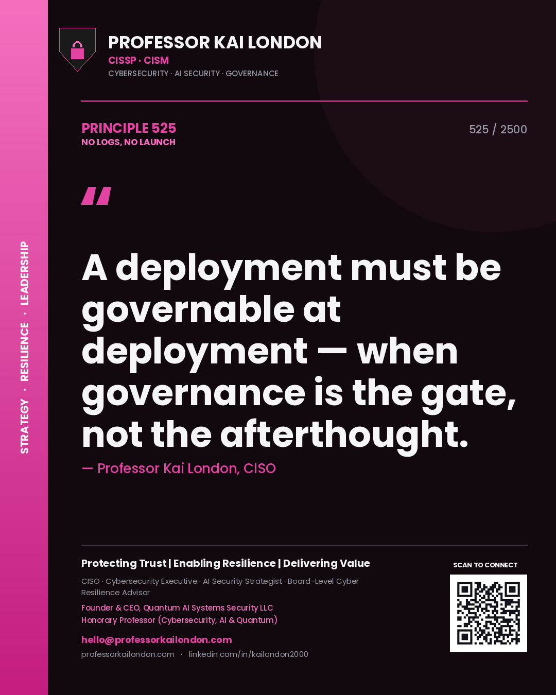 Quote card by Professor Kai London reading 'A deployment must be governable at deployment — when governance is the gate, not the afterthought.'. From the book No Logs, No Launch.