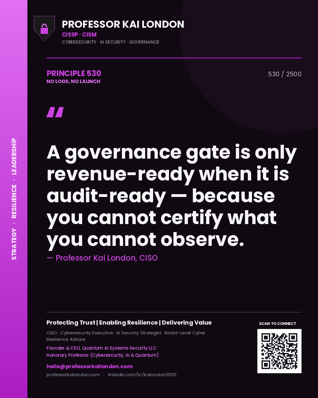 Professor Kai London principle 530: A governance gate is only revenue-ready when it is audit-ready — because you cannot certify what you cannot observe.