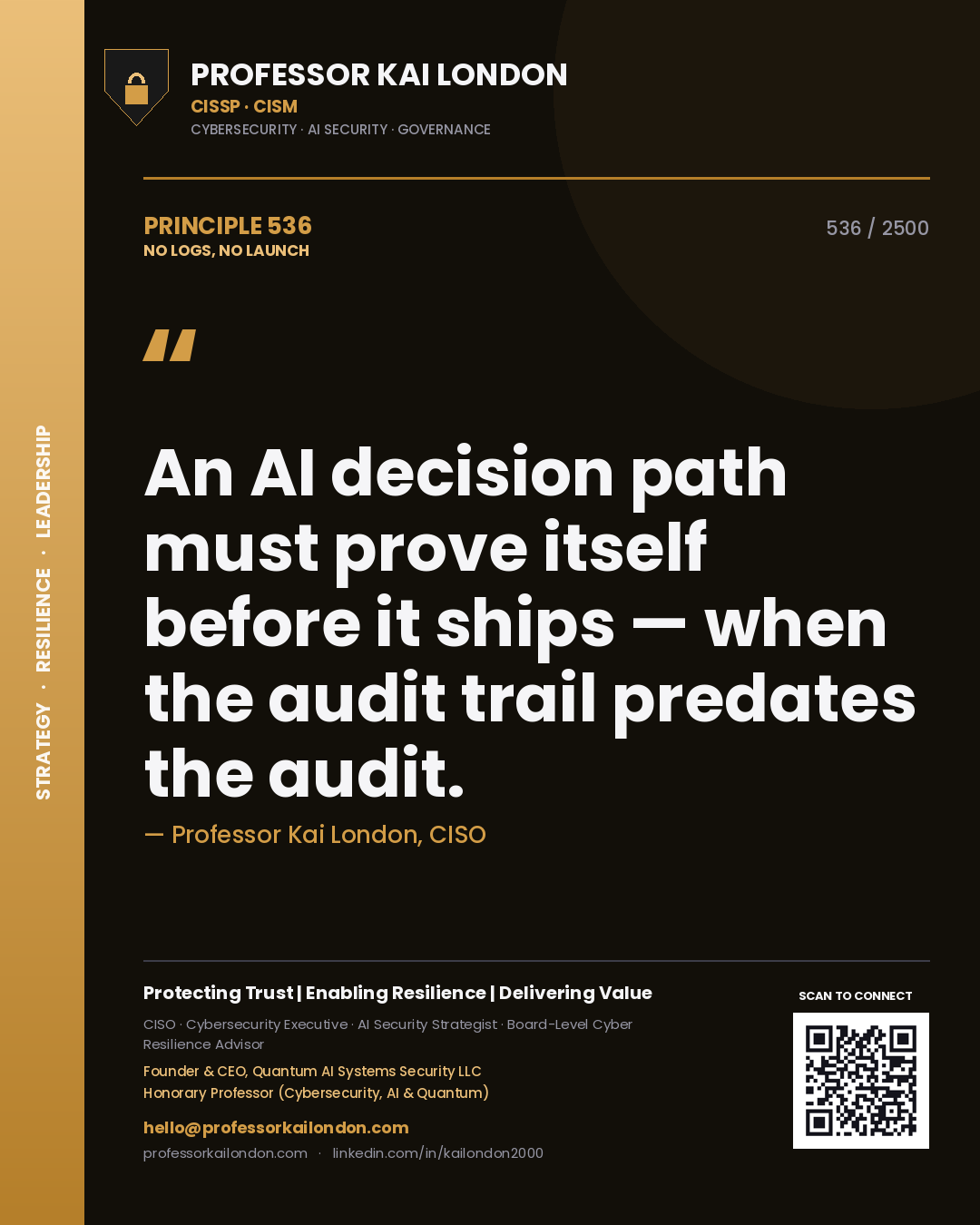 Quote card by Professor Kai London reading 'An AI decision path must prove itself before it ships — when the audit trail predates the audit.'. From the book No Logs, No Launch.