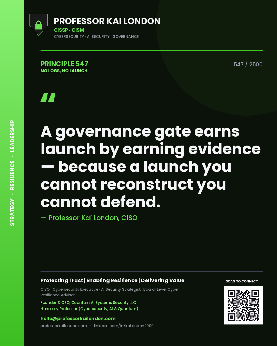 Quote card by Professor Kai London reading 'A governance gate earns launch by earning evidence — because a launch you cannot reconstruct you cannot defend.'. From the book No Logs, No Launch.