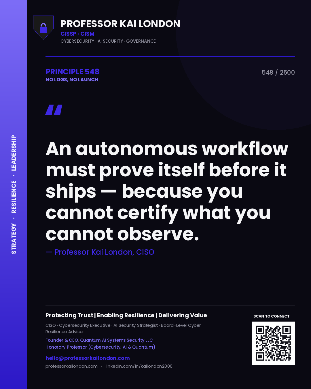 Professor Kai London principle 548: An autonomous workflow must prove itself before it ships — because you cannot certify what you cannot observe.
